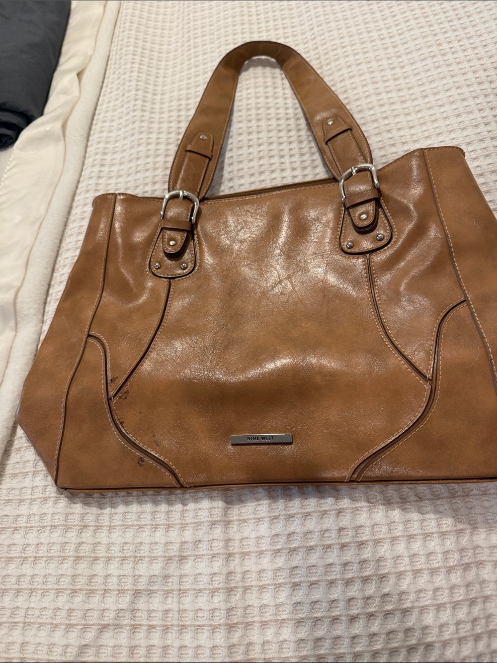 Vintage Nine West Cognac Leather Tote with Buckle Straps.